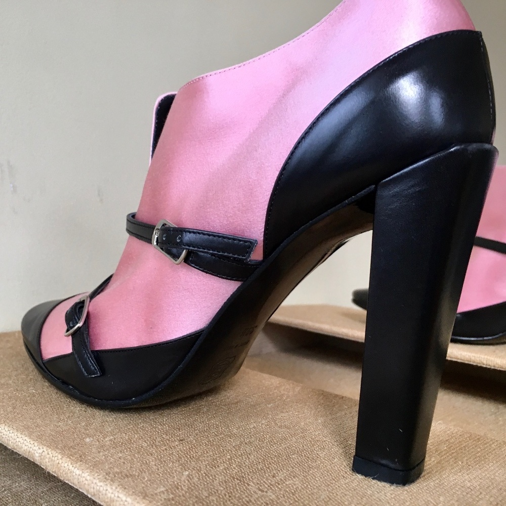 NIB Bruno Frisoni 4" Block Heel Black Leather, Pink Satin Ankle Boots US 9.5 40